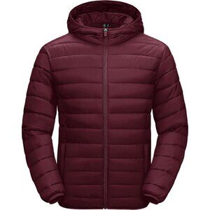 Men's Wine Red Hooded Water-Resistant Outerwear Warm Quilted Puffer Jacket